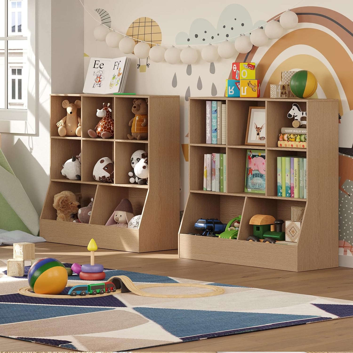 DINZI LVJ Toy Storage Organizer, Kids Bookshelf, Wood Toy Storage Cabinet, 3-Tier 8 Cubby Children Bookcase, 39.4' L Toddler Book Shelf for Playroom, Living Room, Nursery, Hallway, Classroom, Natural