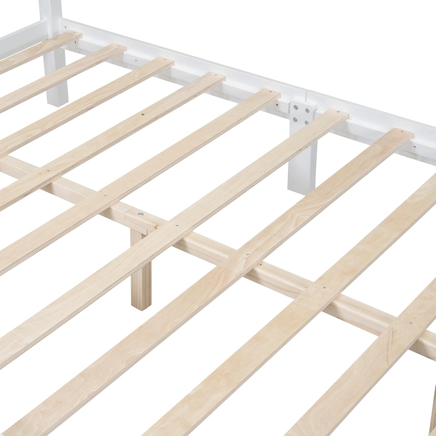 JIVOIT Wood Queen Bed Frame with Headboard and Footboard, Retro Style Platform Bed with Wooden Slat Support, Solid Wood Foundation, Queen Size Wooden Bed Frame (White, Queen Bed, 1)