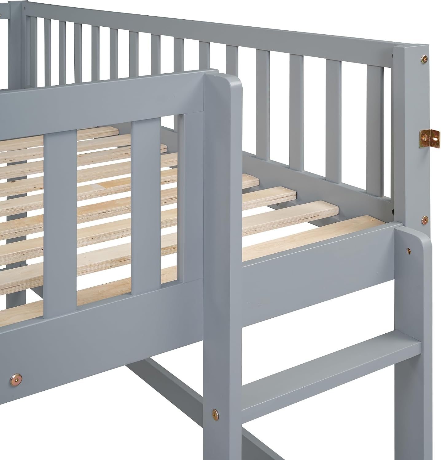 JIVOIT Full Size Wood Loft Bed with Slide, Low Loft Bed with Built-in Ladder and Safety Rails, Space Saving Kids Loft Bed with Underneath Spacious Space, for Kids Boys Girls (Gray,Full 1)