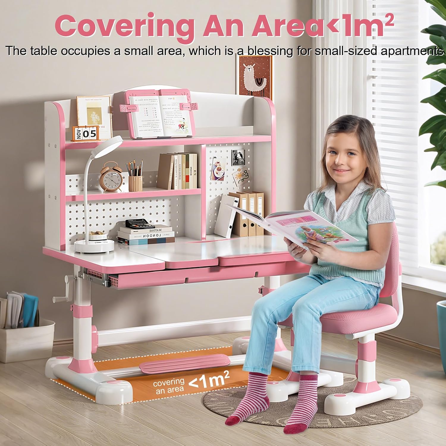 Kids Functional Desk and Chair Set – Ergonomic Height Adjustable Art Desk with One-Touch Tilting Desktop, Book Stand, Reading Rack & Storage Drawer for Children Boys & Girls (013-Pink)