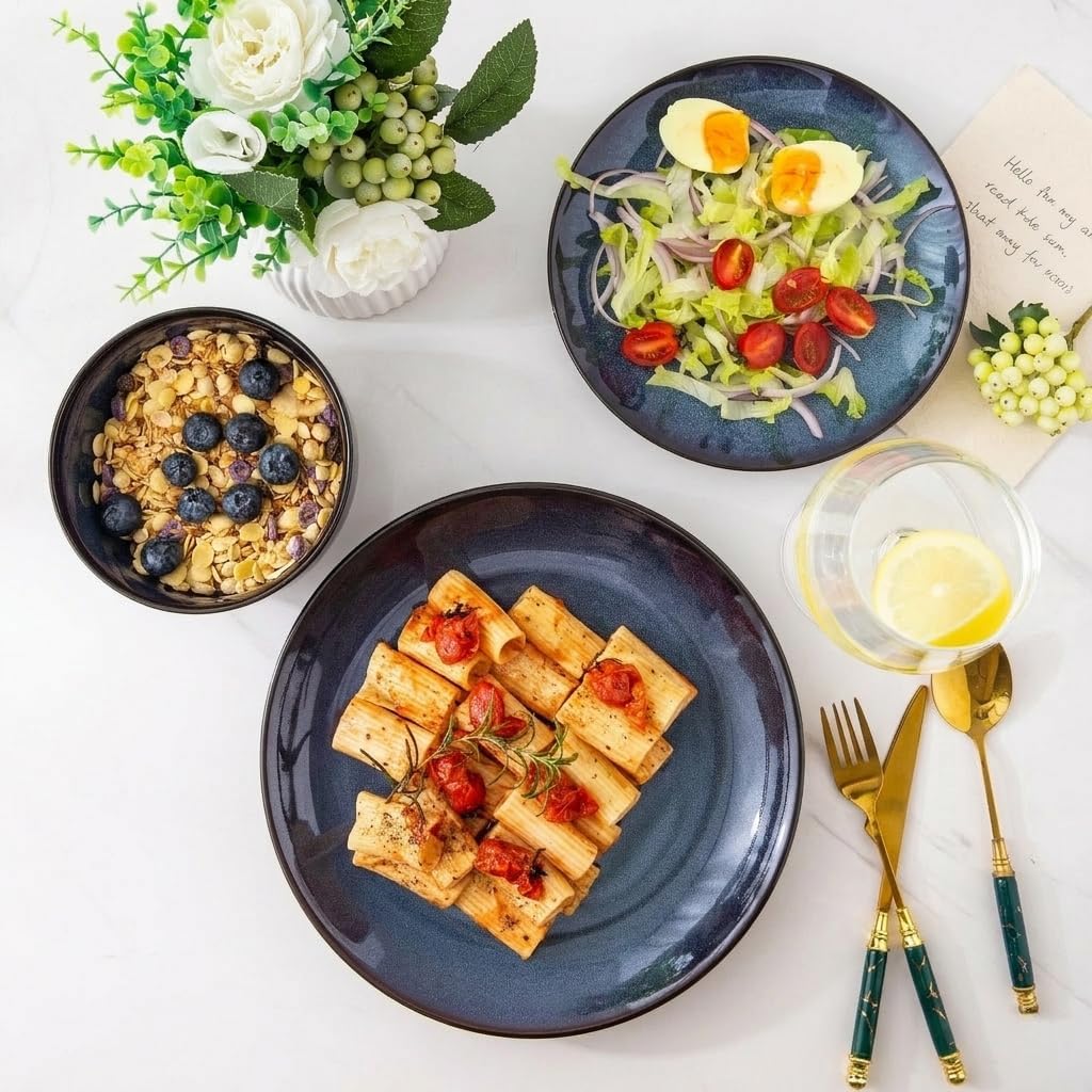 LERATIO Ceramic Dinnerware Sets for 8,Stoneware Plates and Bowls Sets,Handmade Reactive Glaze Dishes Set,Chip Resistant and Scratch Resistant | Oven&Dishwasher & Microwave Safe-Blue(24PCS)