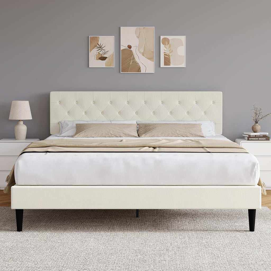 HOMBCK King Size Bed Frame, Linen Fabric Upholstered Bed Frame King Size with Headboard, Wood Slats Support, Button Tufted Design, No Box Spring Needed, Cream