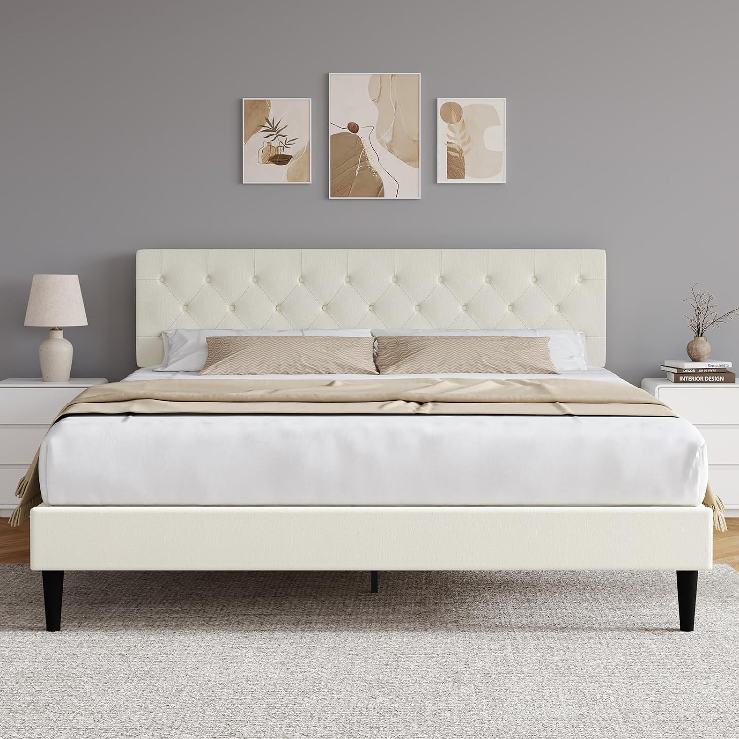 HOMBCK King Size Bed Frame, Linen Fabric Upholstered Bed Frame King Size with Headboard, Wood Slats Support, Button Tufted Design, No Box Spring Needed, Cream