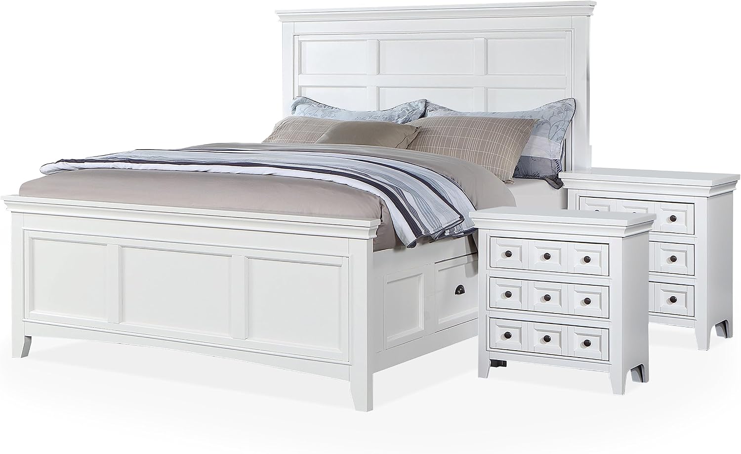 Furniture of America Zinnia Transitional Storage Wood 3-Piece Bedroom Set, Bed and 2 Nightstands, Full-Size, White
