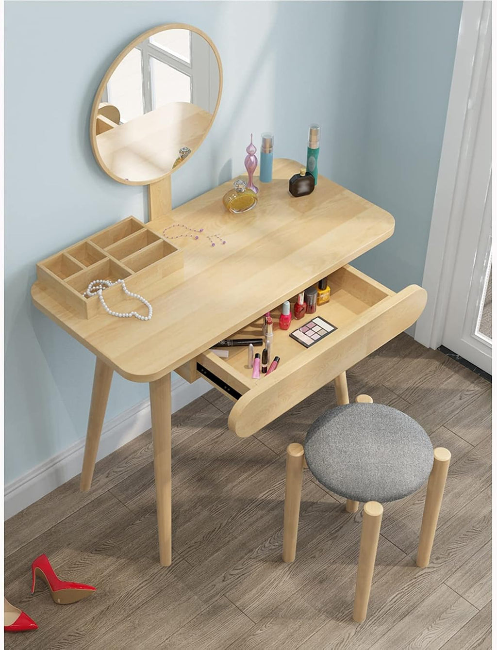 Dressing Table Vanity Set with Mirror and 1 Drawer, Makeup Vanity Dressing Table, Dresser Desk and Cushioned Stool Set for Girl, Women Bedroom Makeup Desk Size:60*45cm)