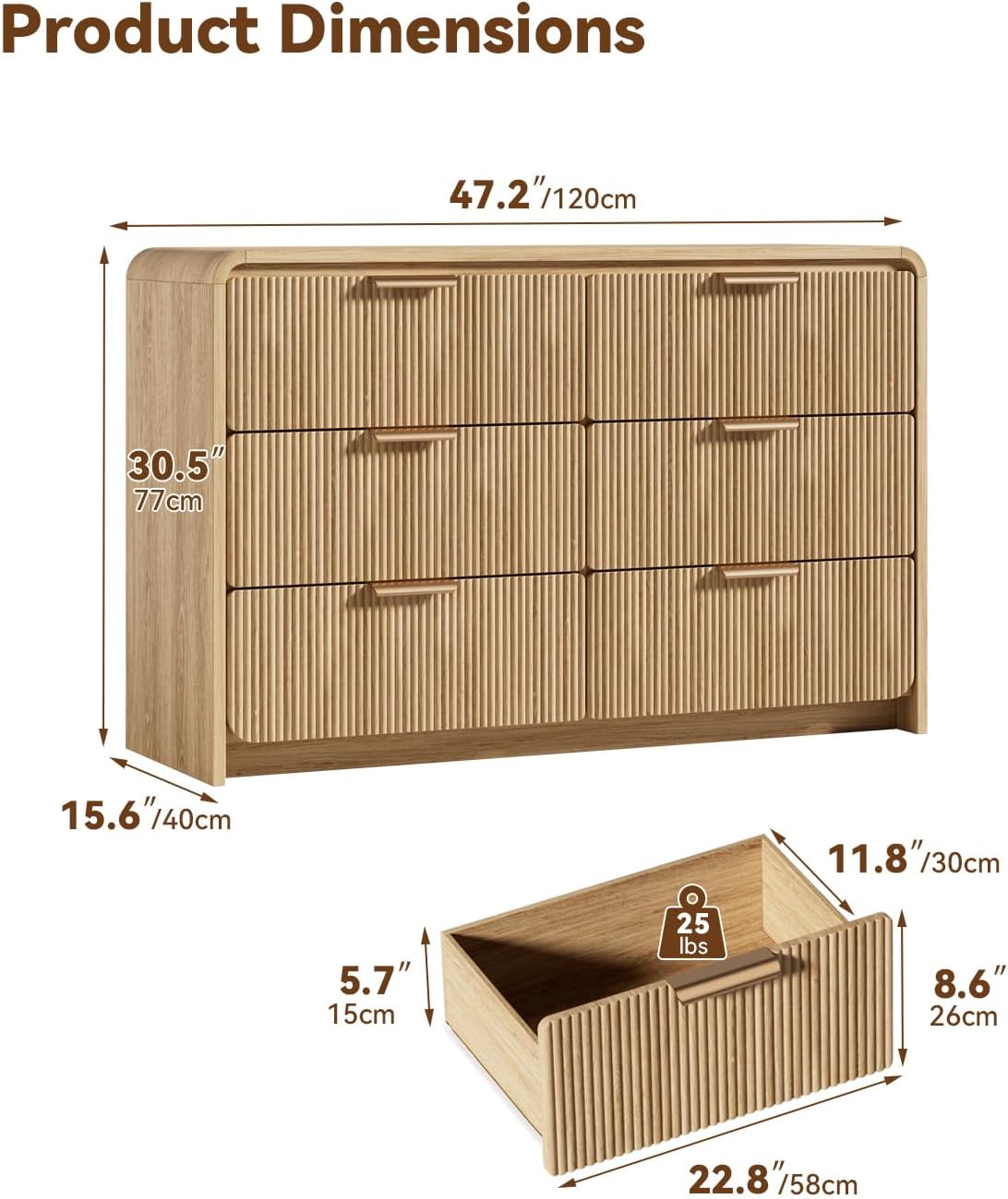 Fluted 6 Drawer Dresser, 47' Wide Wooden Storage Chest with Rounded Curved Corners and Gold Handles, Natural Oak Wood Dresser for Bedroom, Living Room, Hallway