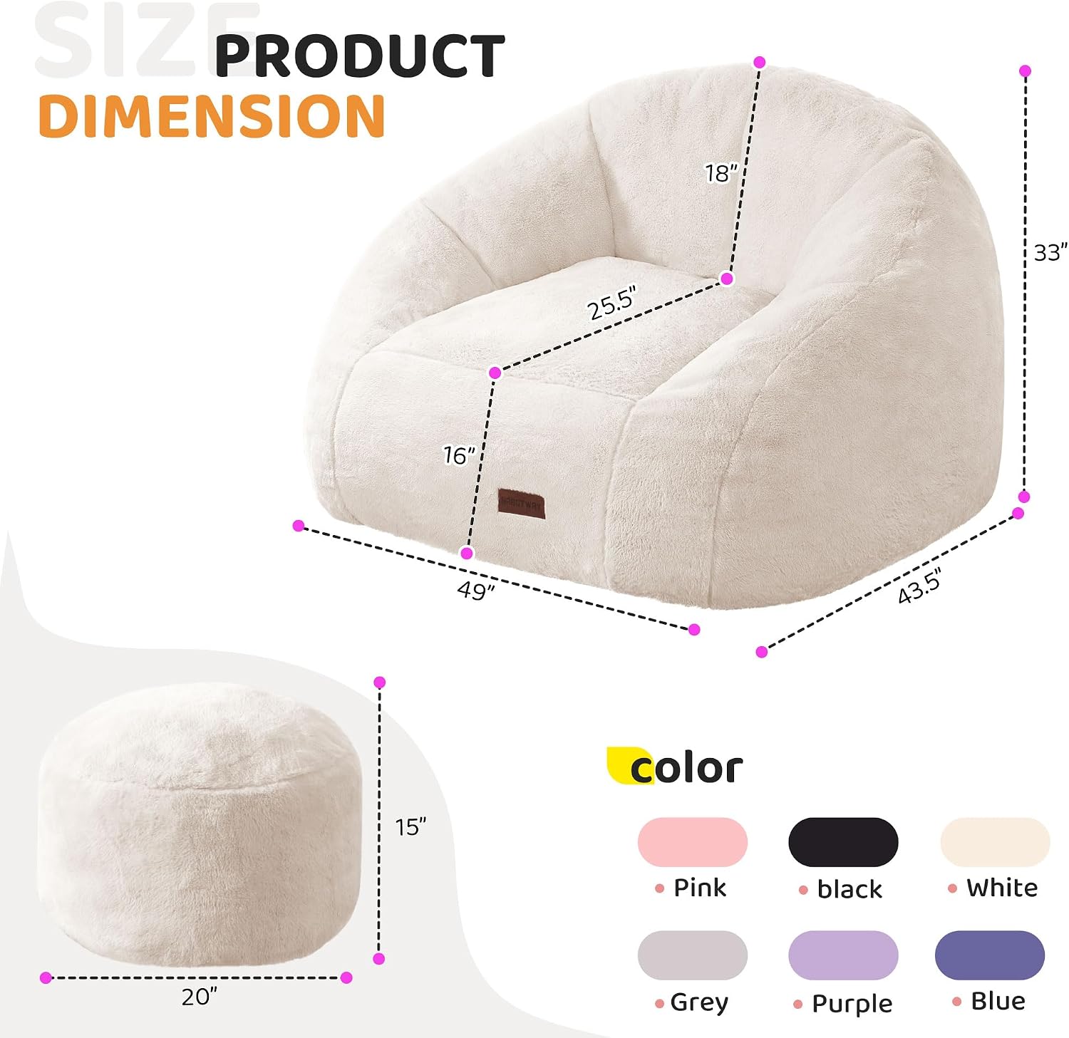 HABUTWAY Bean Bag Chair, Giant Bean Bag Chairs for Adults with Ottoman, Comfy Faux Fur Shell-Shaped Bean Bag Couch, Sofa Chair for Living Room, Bedroom, White