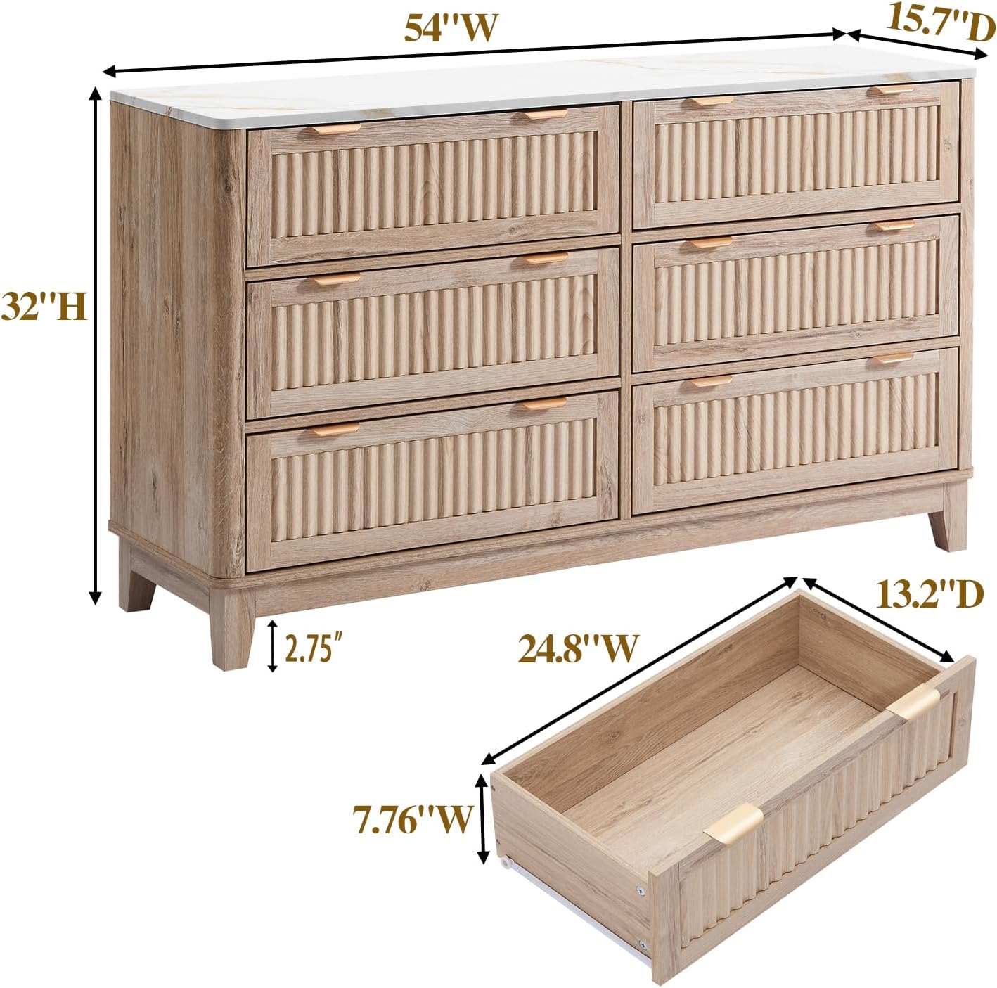 6 Drawers Dresser for Bedroom, 54' Large Storage Dresser, Natural Oak Dressers with Faux Marble Top, Modern Dressers & Chests of Drawers for Living Room Entryway, Natural Fluted 6 drawers dresser