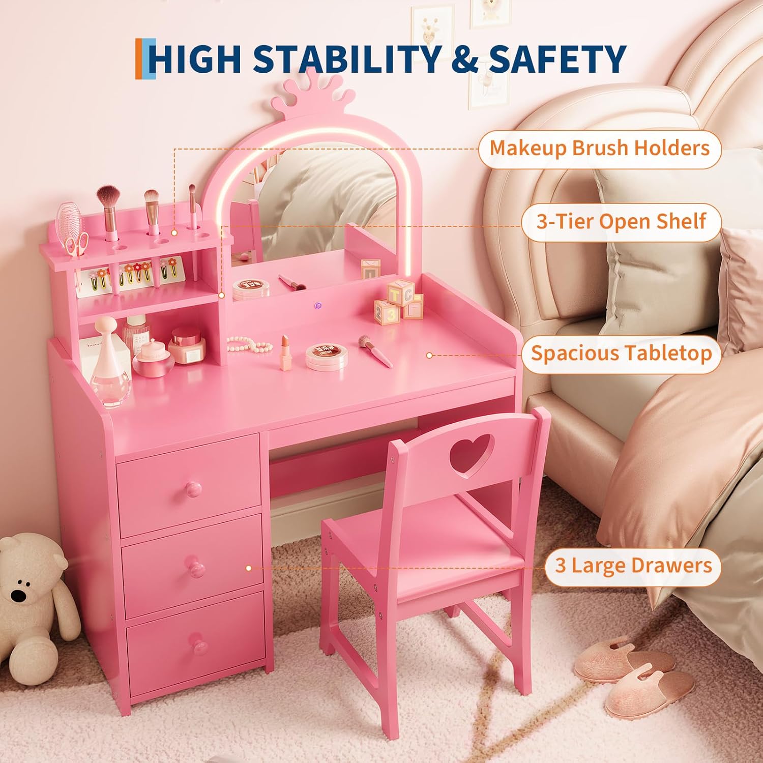 Garvee Kids Vanity with Lights, 2 in-1 Wooden Toddler Vanity Table with Stool & Drawer,Princess Pretend Play Makeup Vanity Princess Makeup Desk Dressing Table for Little Girls,Christmas Birthday Gift