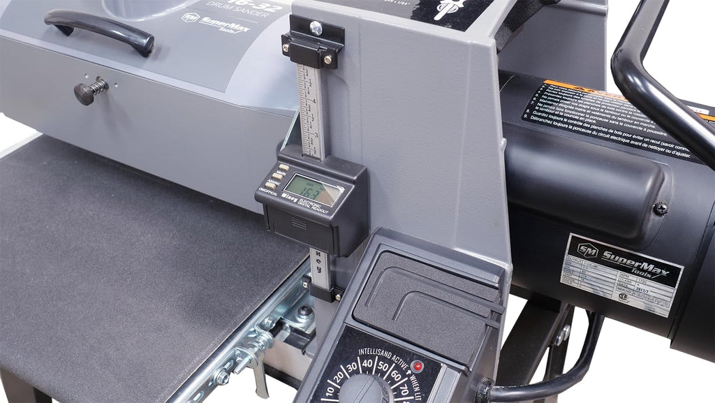 SuperMax 16-32 Drum Sander Open Stand INTELLISAND Technology Built-in DRO Quick Adjustment Lever
