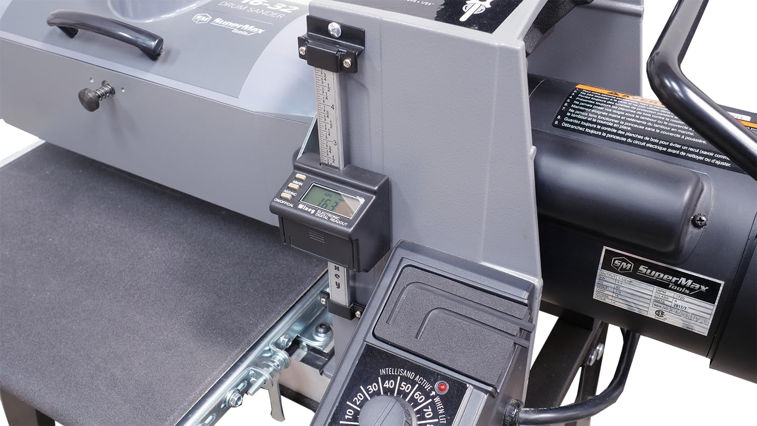SuperMax 16-32 Drum Sander Open Stand INTELLISAND Technology Built-in DRO Quick Adjustment Lever