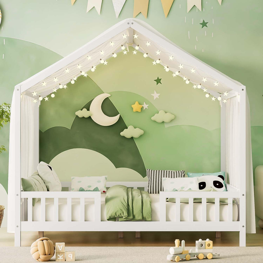 Cute Montessori Bed Frame Full Size with Canopy, Low Profile House Shape Bed with Safety Railing & Wood Slat Support, Kids Playhouse Bedframes for Boys Girls (White, Full)