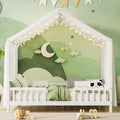 Cute Montessori Bed Frame Full Size with Canopy, Low Profile House Shape Bed with Safety Railing & Wood Slat Support, Kids Playhouse Bedframes for Boys Girls (White, Full)