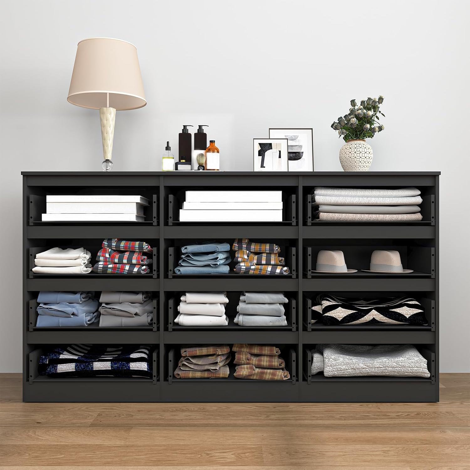 Black 12 Drawer Dresser for Bedroom,Modern Long Deep Drawer Dresser,Wood Storage Chest of Drawer, Storage Organizer Drawers for Bedroom