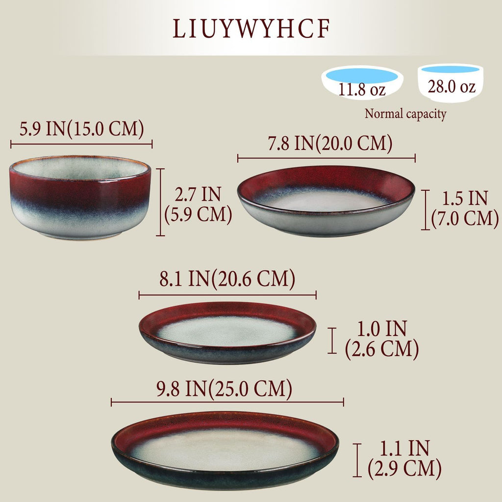 Ceramic Dinnerware (16 pcs) Serve 4 people, Plates and Bowls Sets,Handmade Reactive Glaze Dishes Set, Chip Resistant and Scratch Resistant, for Oven & Dishwasher & Microwave Safe