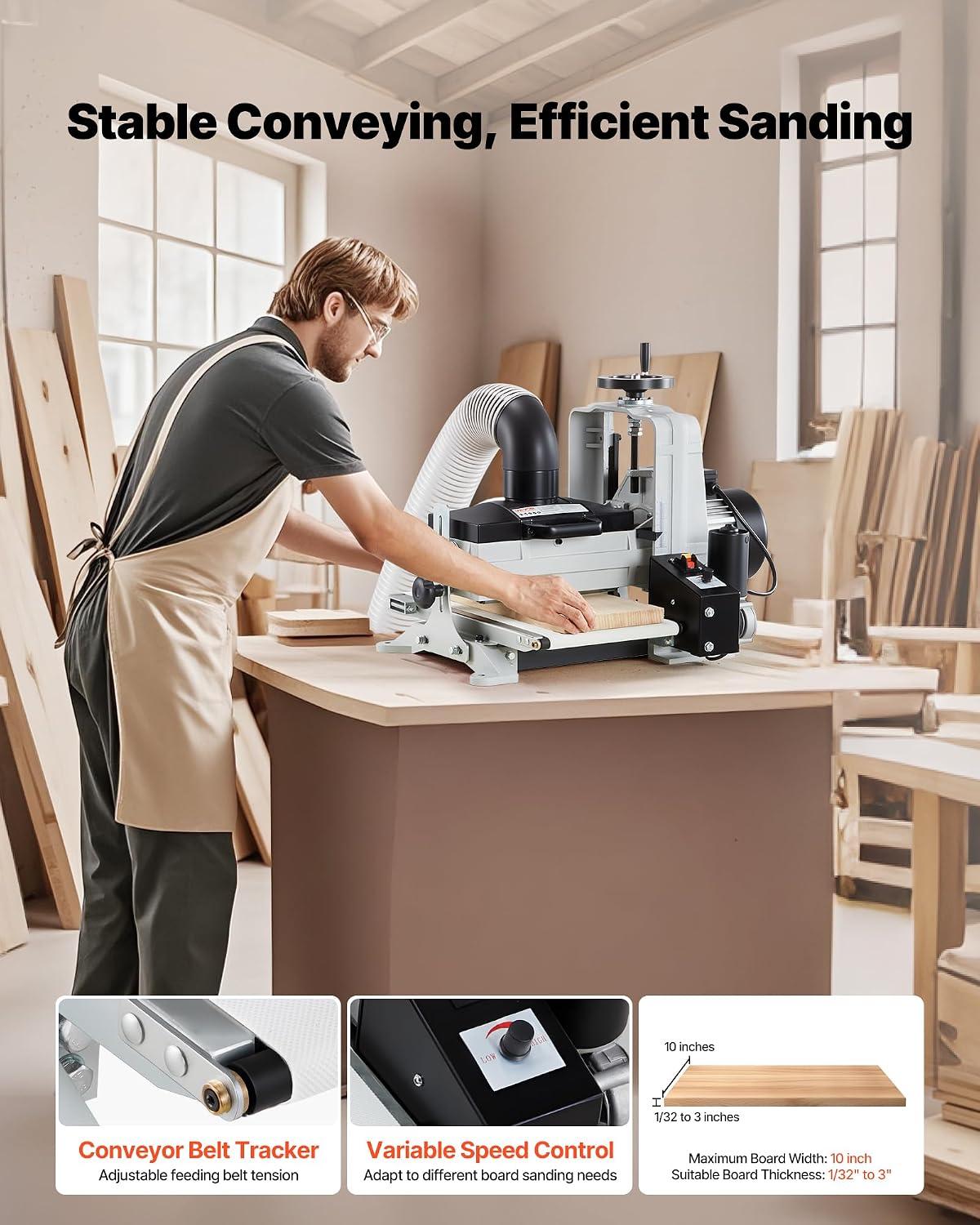 VEVOR 10' Benchtop Drum Sander, 1HP 1725RPM Dual Motor Drum Sander for Woodworking - Variable Speed Conveyor Belt & 4' Dust Collection Port for Cabinet Making & Furniture Finishing
