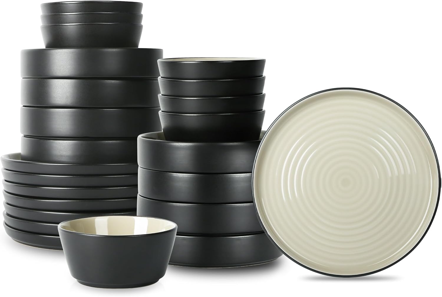 Stone Lain Elica 24-Piece Modern Dinnerware Set Stoneware, Plates and Bowl Sets for 8, Beige and Black