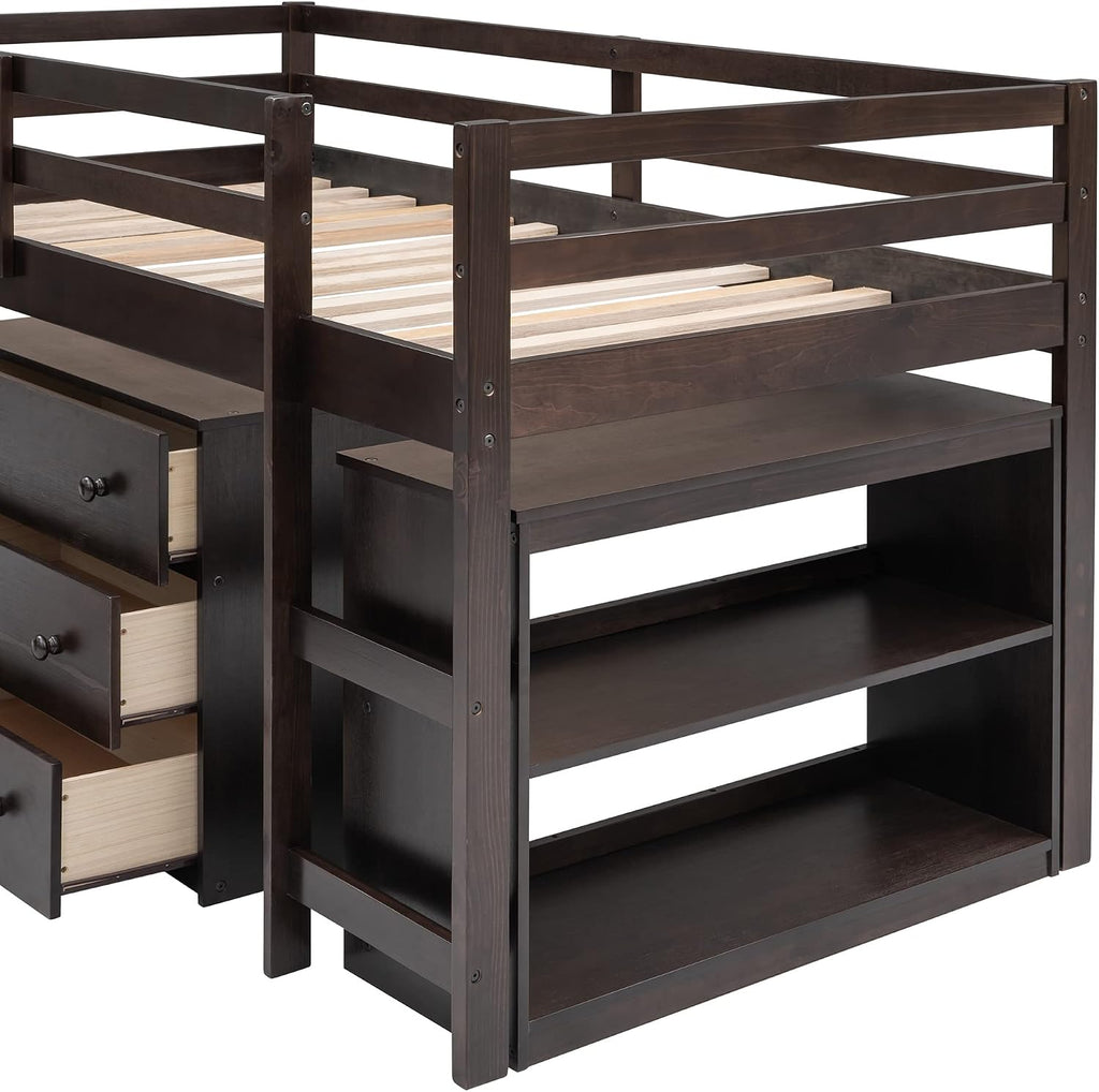 Twin Size Low Loft Bed with Rolling Portable Desk, Wooden Loft Bed with Cabinet/Bookshelf/Drawers/Open Shelves for Kids Teens Adults, No Box Spring Required (Espresso-Twin-Rolling Portable Desk)