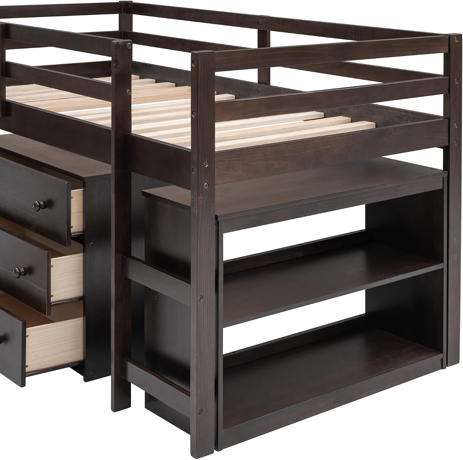 Twin Size Low Loft Bed with Rolling Portable Desk, Wooden Loft Bed with Cabinet/Bookshelf/Drawers/Open Shelves for Kids Teens Adults, No Box Spring Required (Espresso-Twin-Rolling Portable Desk)
