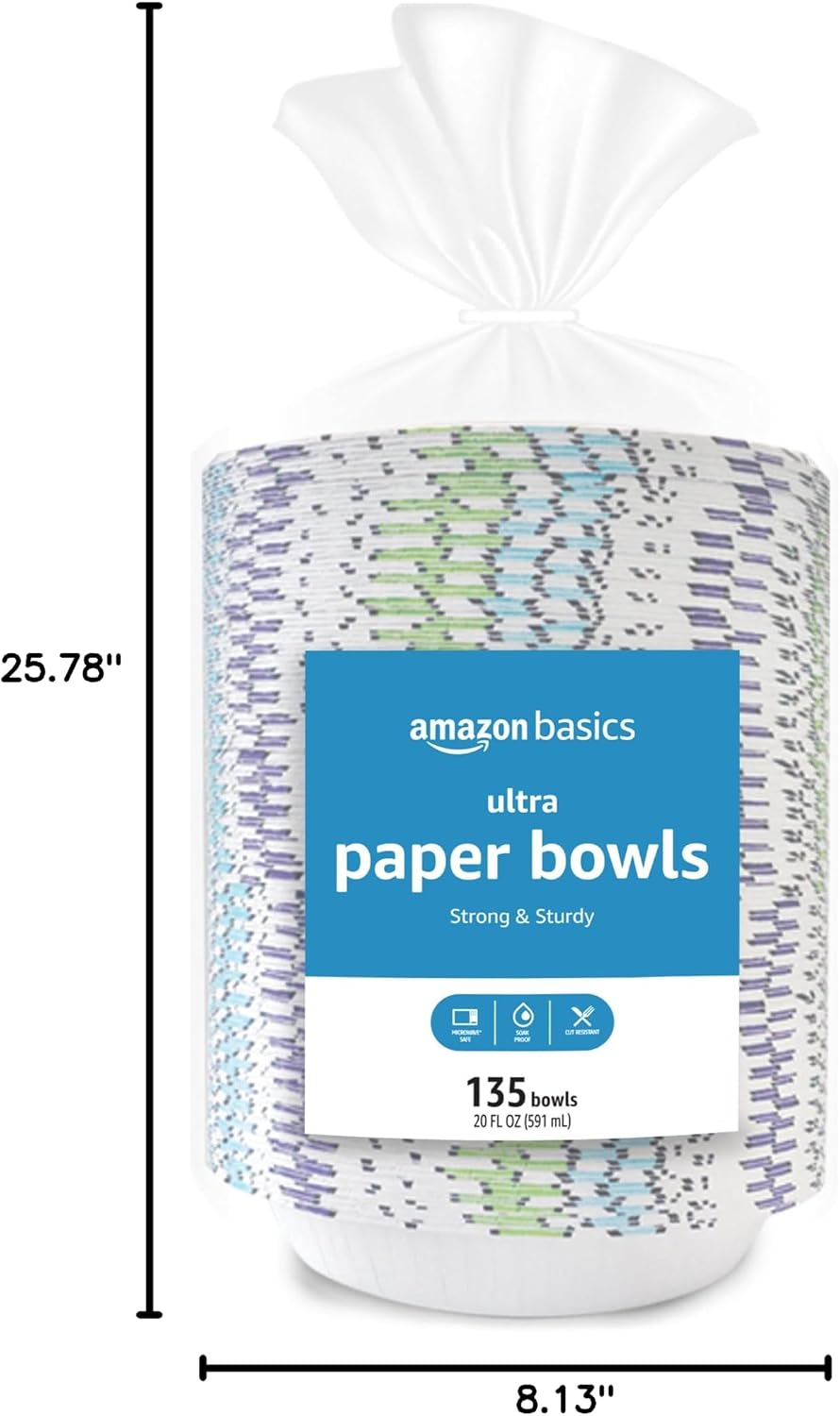 Amazon Basics Ultra Paper Bowls, 20 Oz, Disposable, 1080 Count (8 packs of 135), White (Previously Encore)