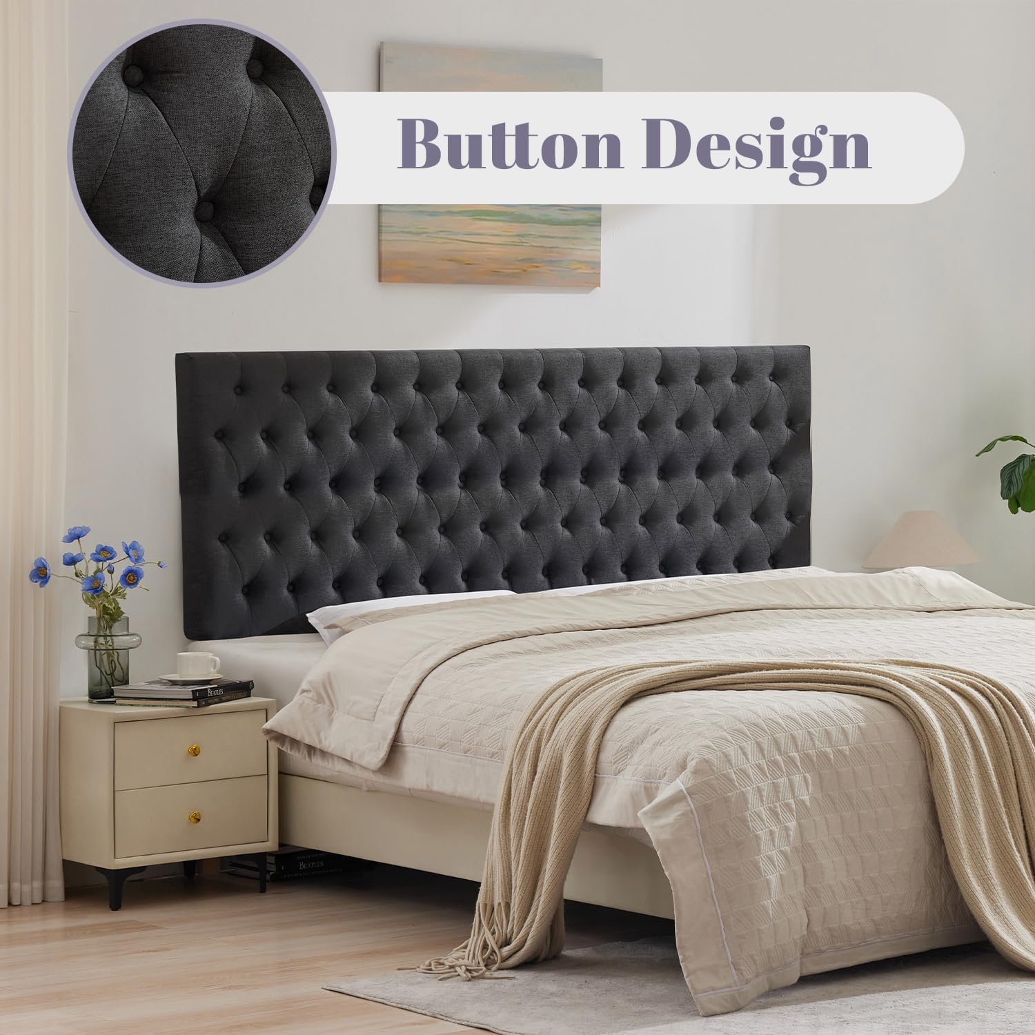 Kingfun Upholstered Queen Headboard Only, Premium Linen Button Tufted Headboards, Adjustable Solid Wood Head Board, Padded Headboard with Solid Wood Legs in Bedroom (Dark Gray)