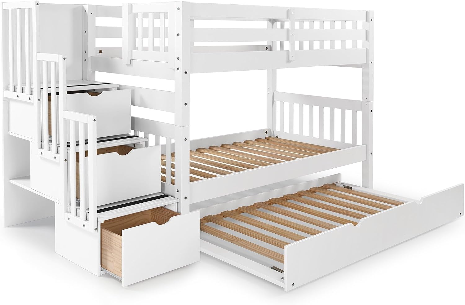 Bedz King Stairway Bunk Beds Twin Over Twin, 3 Step Drawers and a Twin Trundle, White