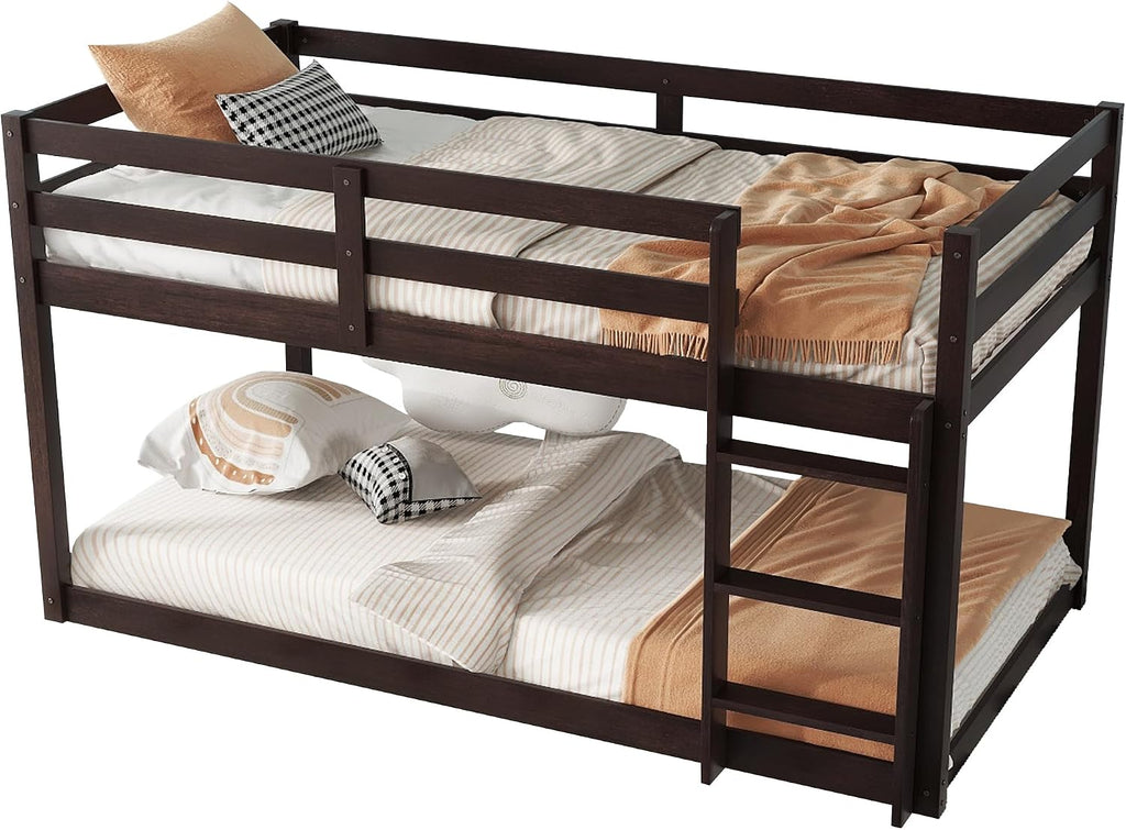 Twin Low Bunk Bed for Kids, Floor Bunk Beds Twin Over Twin with Integrated Ladder & Full Guardrails, Wood Bunked with Strengthened Slats for Boys, Girls, Bedroom, No Box Spring Needed, Espresso