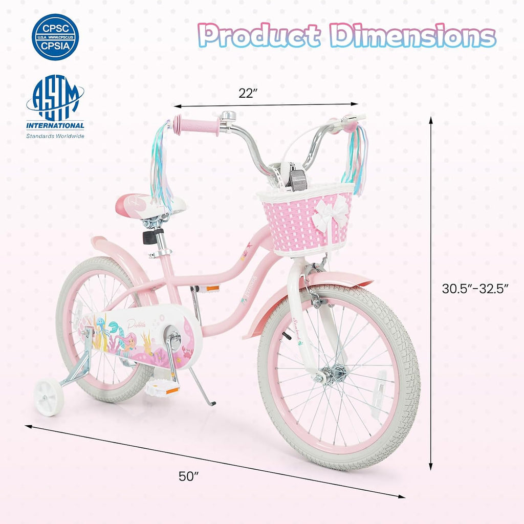 HONEY JOY Kids Bike, 12 14 16 18 Inch Girls Bike w/Training Wheels, Streamers, Basket, Handbrake & Coaster Brake, Fully Enclosed Chain, Mermaid Princess Children Bike for 3-8 Years Old