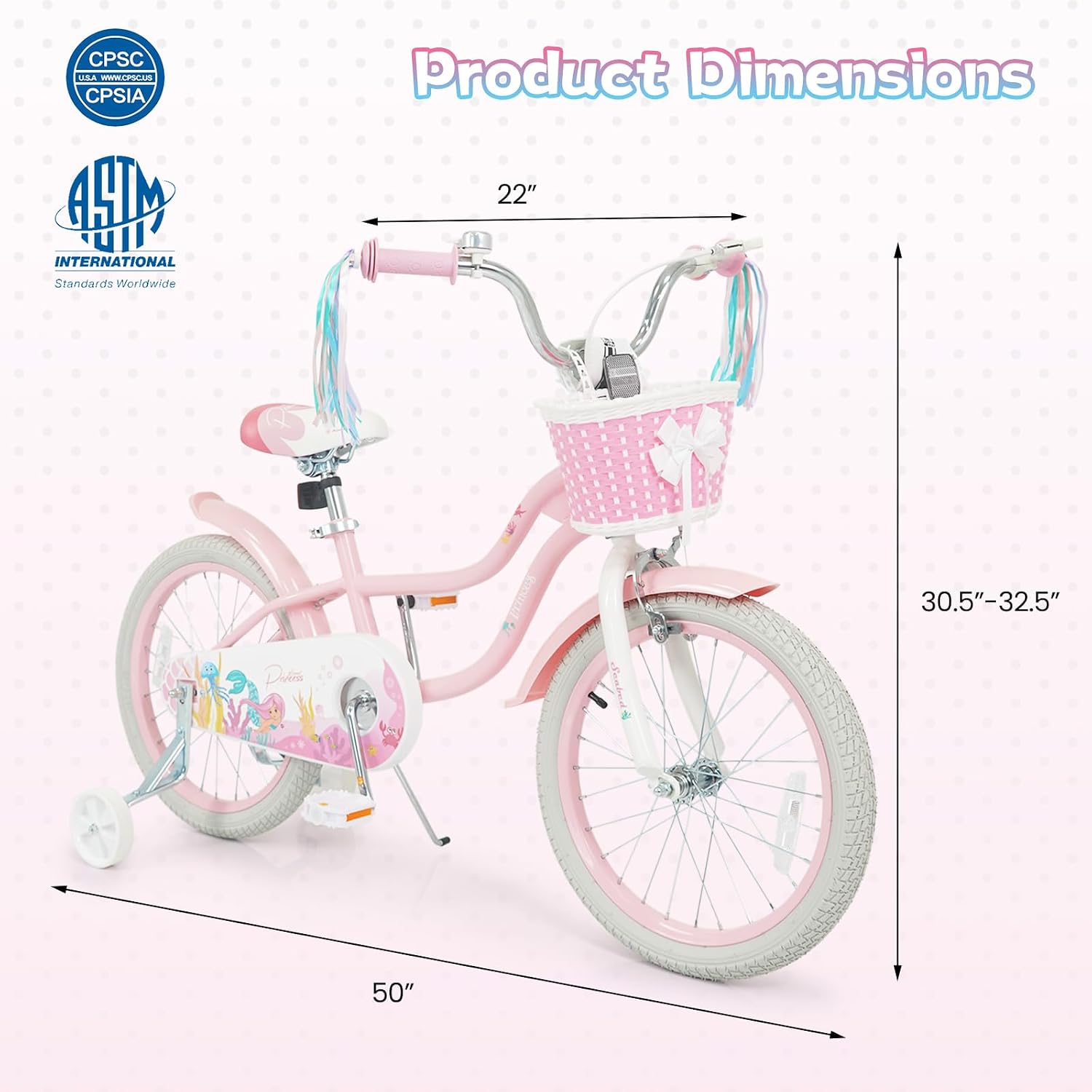 HONEY JOY Kids Bike, 12 14 16 18 Inch Girls Bike w/Training Wheels, Streamers, Basket, Handbrake & Coaster Brake, Fully Enclosed Chain, Mermaid Princess Children Bike for 3-8 Years Old