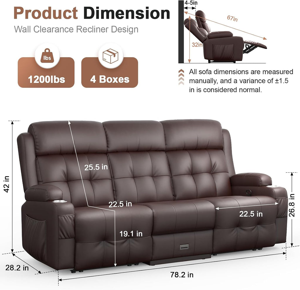 Recliner Sofa, Massage Flip Back Reclining Sofa 3 Seater Sets Heavy Weight Capacity, RV Loveseat Clearance, Recliner Couch with Storage, Cup Holders, Wall Hugger Couches for Living Room