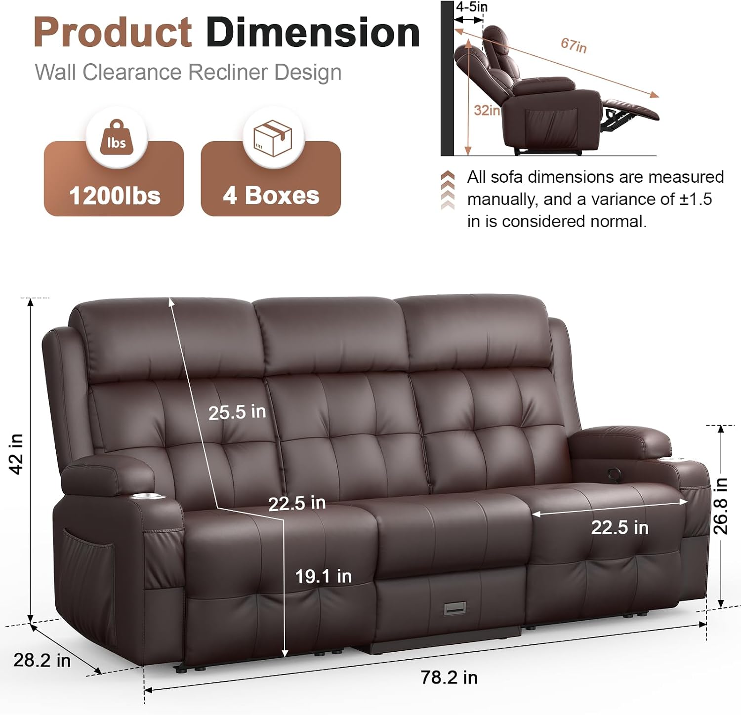 Recliner Sofa, Massage Flip Back Reclining Sofa 3 Seater Sets Heavy Weight Capacity, RV Loveseat Clearance, Recliner Couch with Storage, Cup Holders, Wall Hugger Couches for Living Room