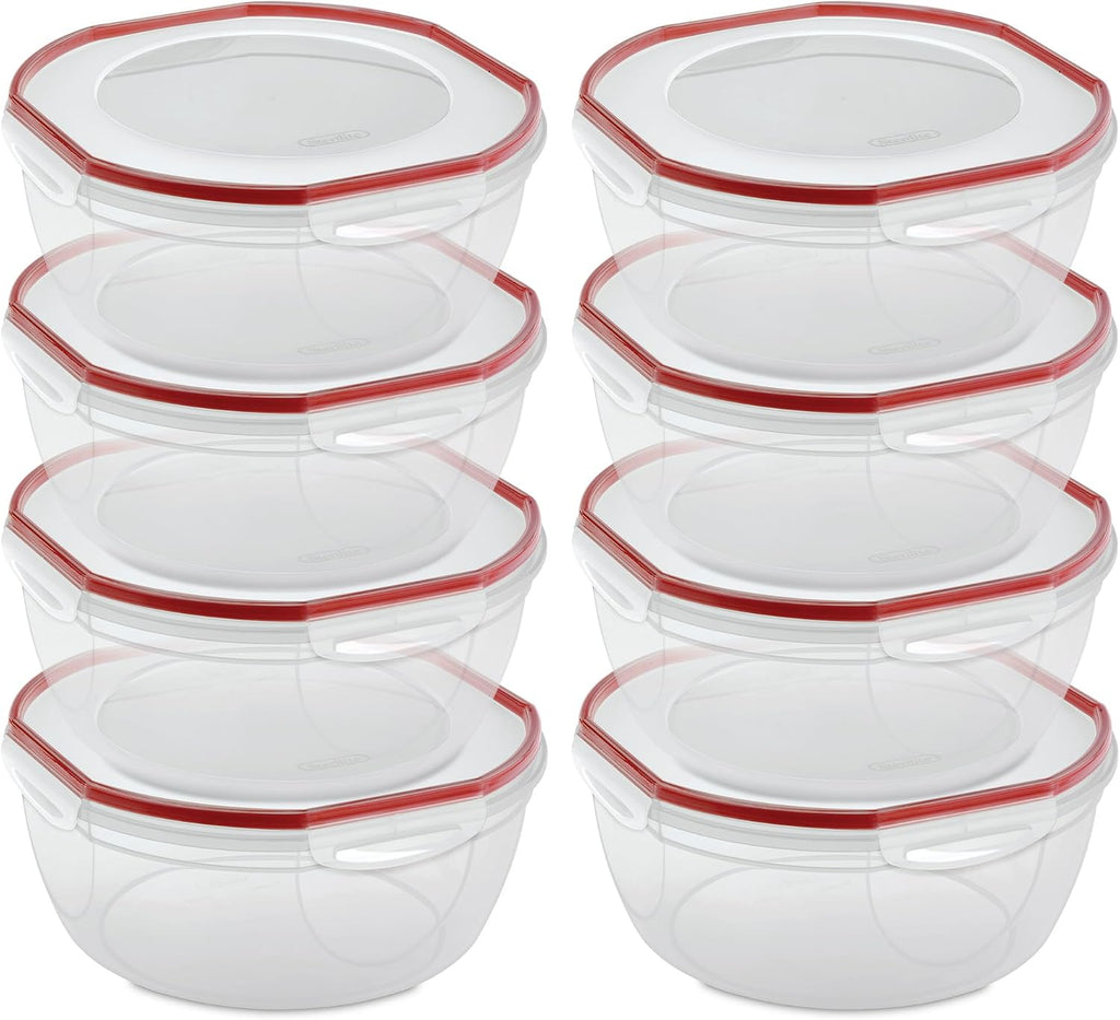 Sterilite Ultra-Seal 8.1 Qt Bowl, Large Airtight Food Storage Container, Latching Lid, Microwave and Dishwasher Safe, Clear With Red Gasket, 8-Pack