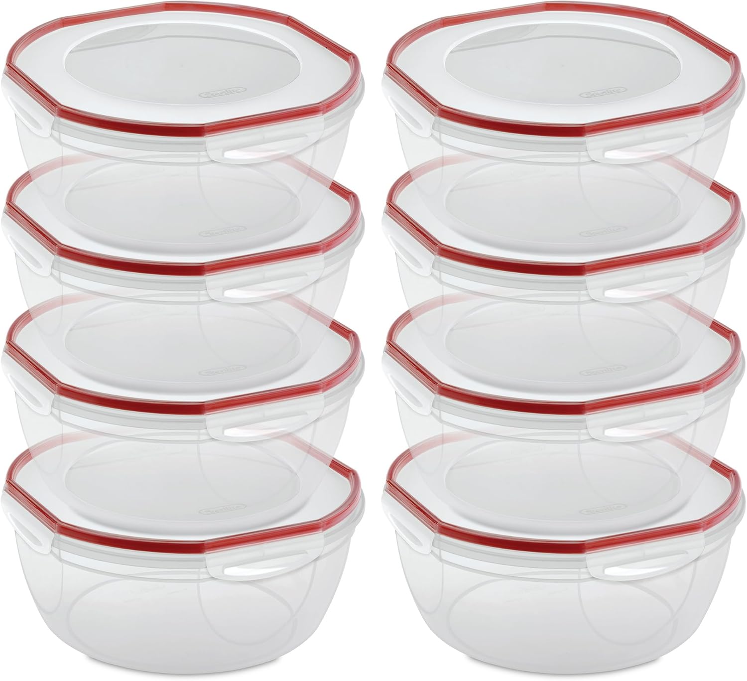 Sterilite Ultra-Seal 8.1 Qt Bowl, Large Airtight Food Storage Container, Latching Lid, Microwave and Dishwasher Safe, Clear With Red Gasket, 8-Pack