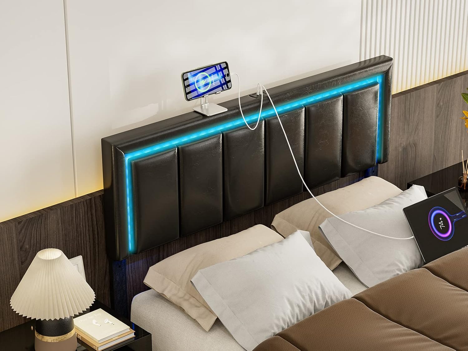 IKIFLY Full Size LED Headboard with 2 USB Ports, Adjustable Height - Modern Upholstered Faux Leather Full Headboard Only with Changing LED Lights, Easy Assembly, Black