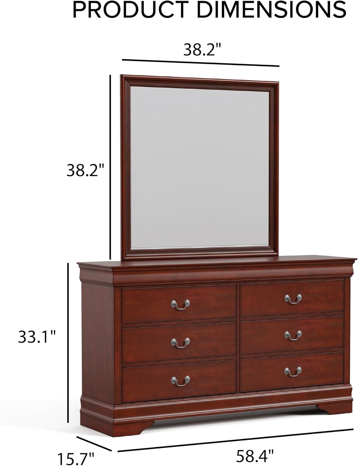 Furniture of America Arabella Traditional Wooden 6 Drawer Dresser with Mirror, Vintage Bedroom Set, Accent Vanity Dressing Table with Antique Nickle Handles for Dressing Room, Walk-in Closet, Cherry