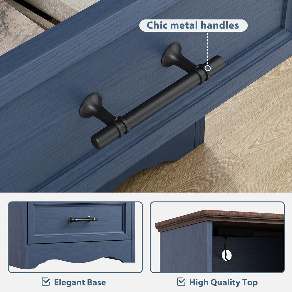 YANSNWO Blue Nightstand with Charging Station, Farmhouse End Table with 2 Drawers, Bedside Table with Space-Saving Storage Cabinet, Unique Base Design for Bedroom, Living Room