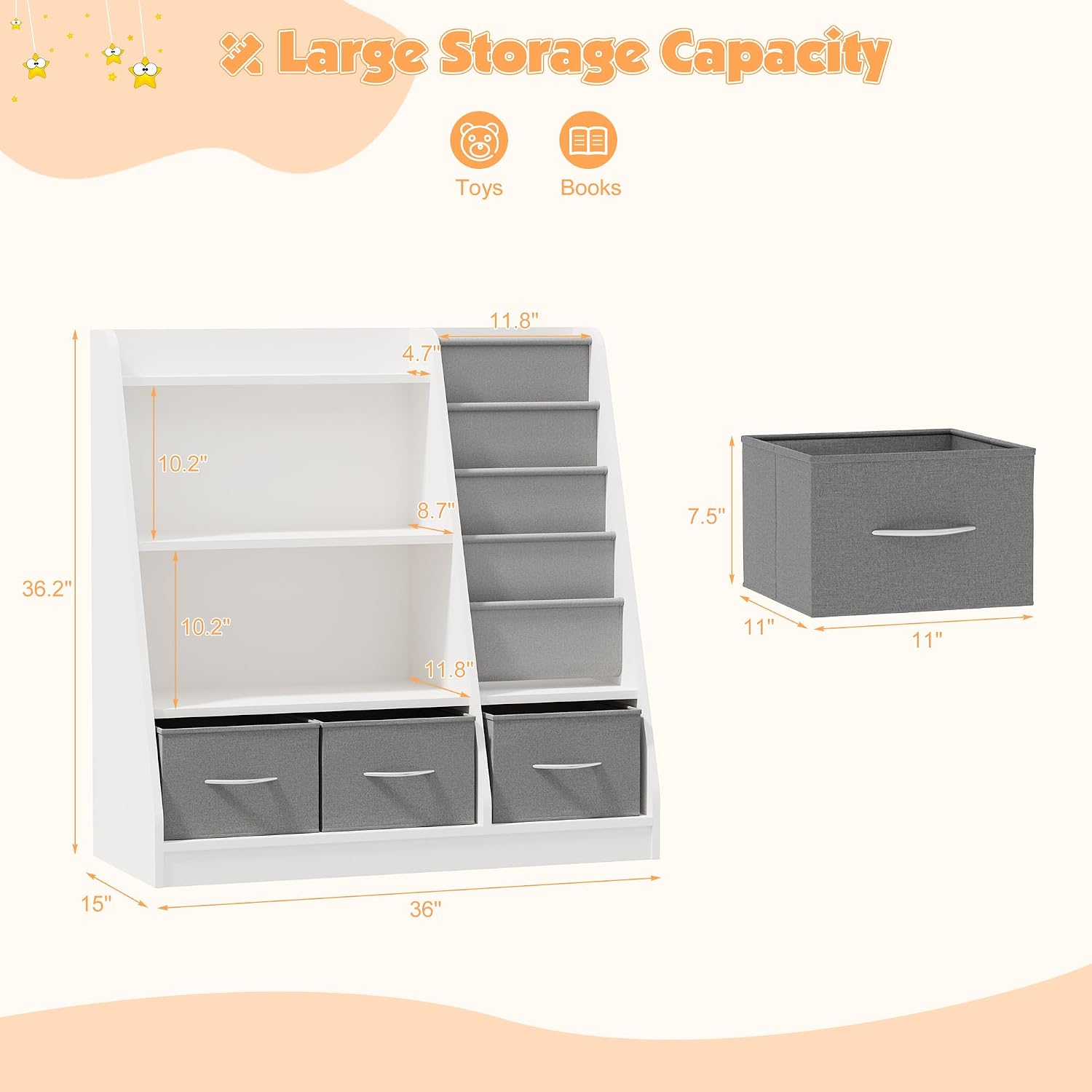 NACHES Kids Bookshelf and Toy Storage Organizer, Montessori Nursery Book Shelves with Sling Rack & Fabric Toy Bins, Children Toddler Baby Bookcase, Wooden Toy Shelf for Kids Room, Playroom, White