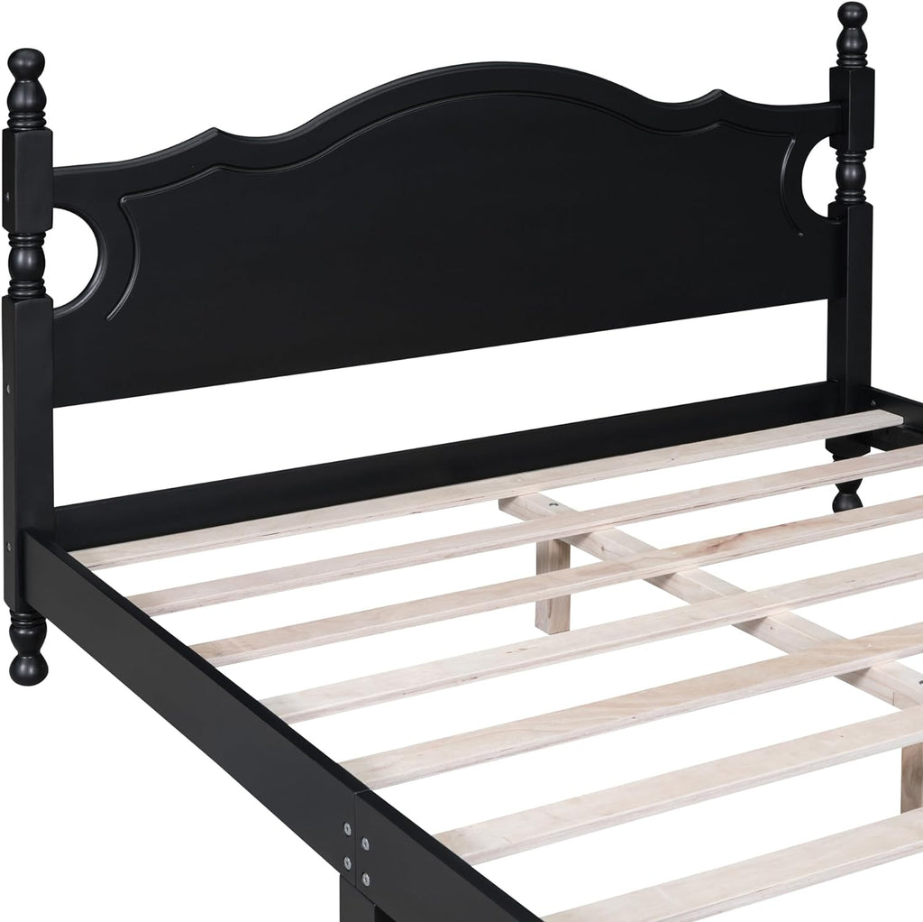 JIVOIT Retro Style Platform Bed with Headboard and Footboard, Queen Size Wood Platform Bed Frame with Wooden Slat Support, Solid Wood Foundation, No Box Spring Required (Black,Queen,5)