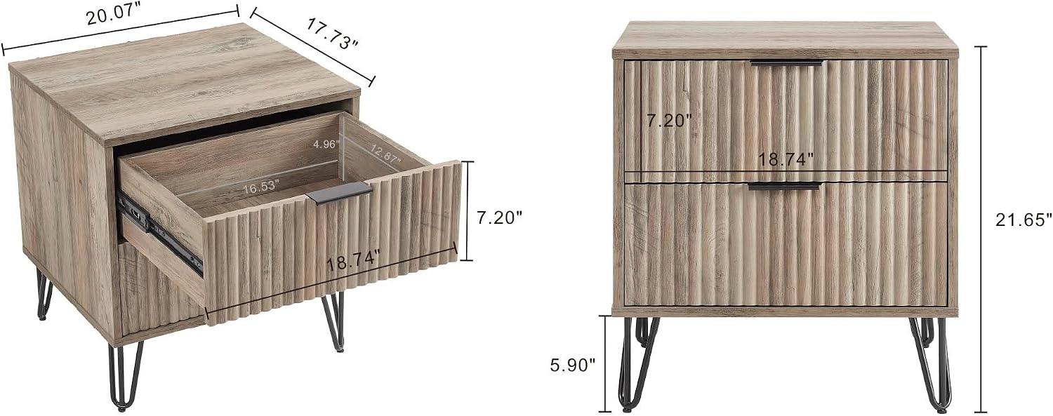 Manhattan Comfort Dumbo 2 Piece Dresser & Nightstand Set, Fluted Night Stand with Hairpin Gold Metal Legs & 3-Drawer Dresser, No Tool Assembly, Storage Cabinet for Bedroom, Living Room in Rustic Grey