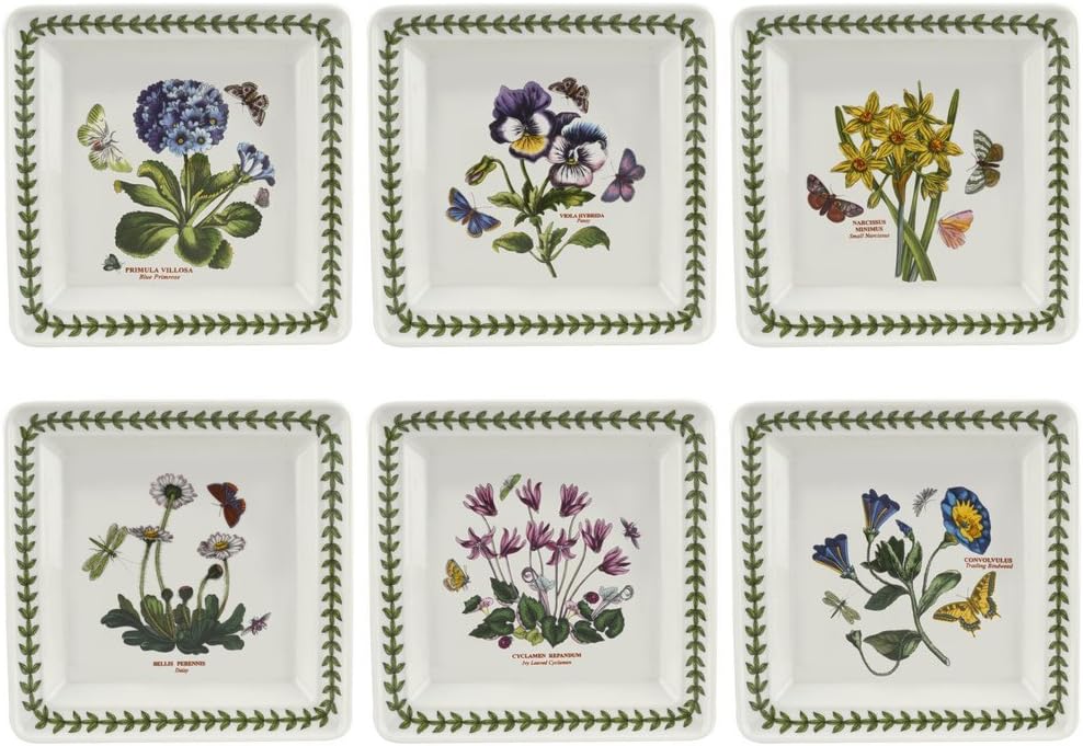 Portmeirion Botanic Garden 7' Square Plates - Set of 6 | Assorted Floral Motifs | Porcelain | Chip Resistant Glaze | Dishwasher, Microwave, Freezer, Oven Safe