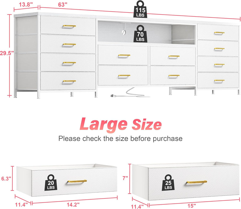 EnHomee 63' W TV Stand Fits 55/65/70' TV, 12 Drawers Dresser with LED Lights & Power Outlets, Entertainment Center Long Fabric Dresser for Bedroom, Living Room, Hallway, White