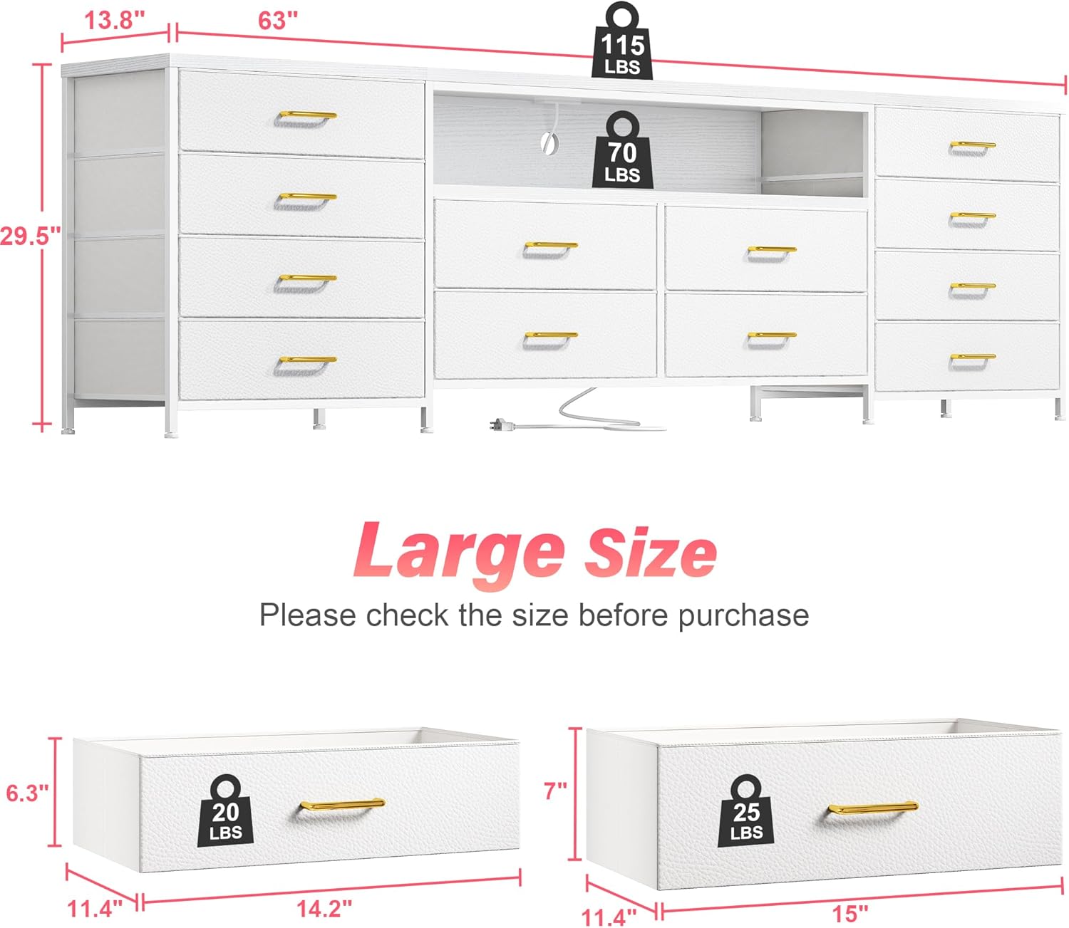 EnHomee 63' W TV Stand Fits 55/65/70' TV, 12 Drawers Dresser with LED Lights & Power Outlets, Entertainment Center Long Fabric Dresser for Bedroom, Living Room, Hallway, White