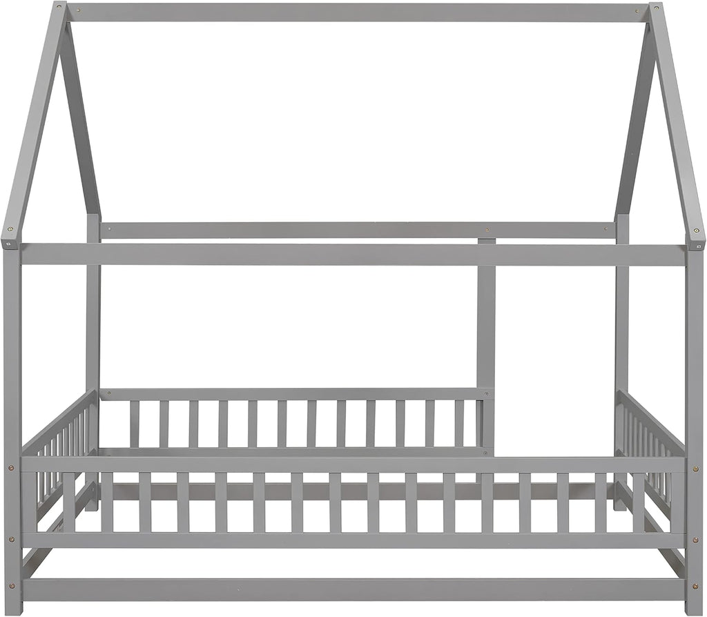 Bellemave Full Size House Floor Bed,Wooden Montessori Bed with Fence and Roof for Kids,Playhouse Full Bed Frame for Girls,Boys(Full,Gray)