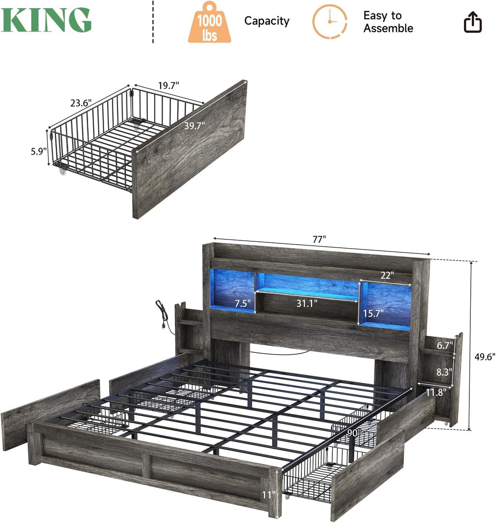 AMERLIFE King Size Bed Frame with 4 Storage Drawers, LED Bed Frame with 49' Tall Bookcase Headboard, Wood Platform Bed with Charging Station & 2 Slide Bedside Shelf, No Box Spring Needed/Rustic Grey