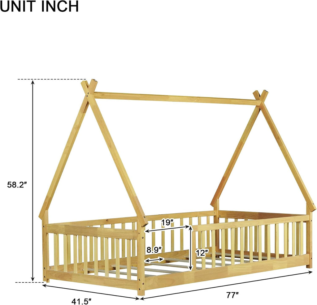 Twin Size Tent Floor Bed for Kids,Teepee Montessori Floor Bed with Fence and Slats for Girls Boys,Natural