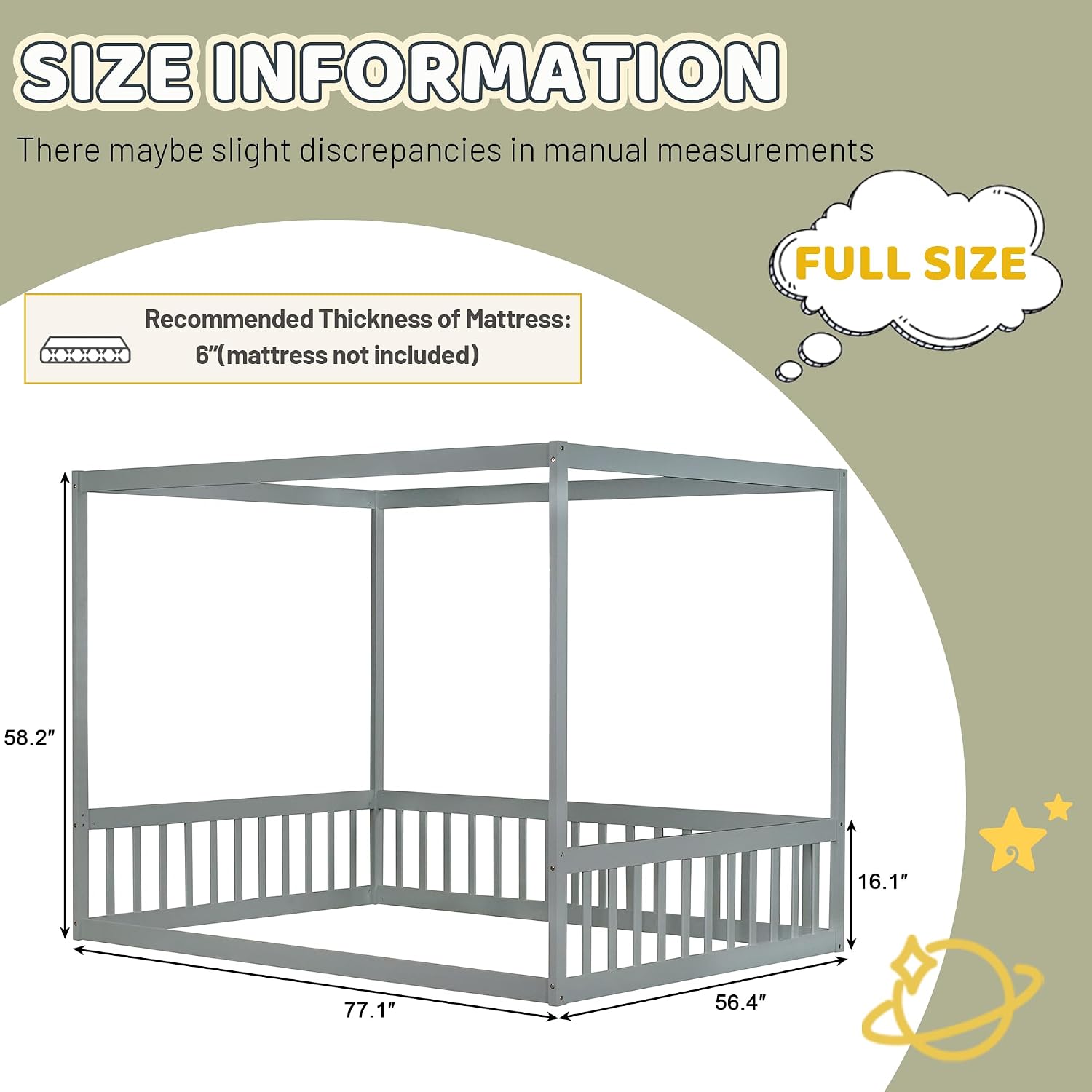 Canopy Bed Frame Full with 4 Posters and Guardrails, Rubber Wood Full Size Montessori Floor Bed with Canopy Frame, Safe and Stylish Canopy Bed Full for Kids Girls Boys,Gery