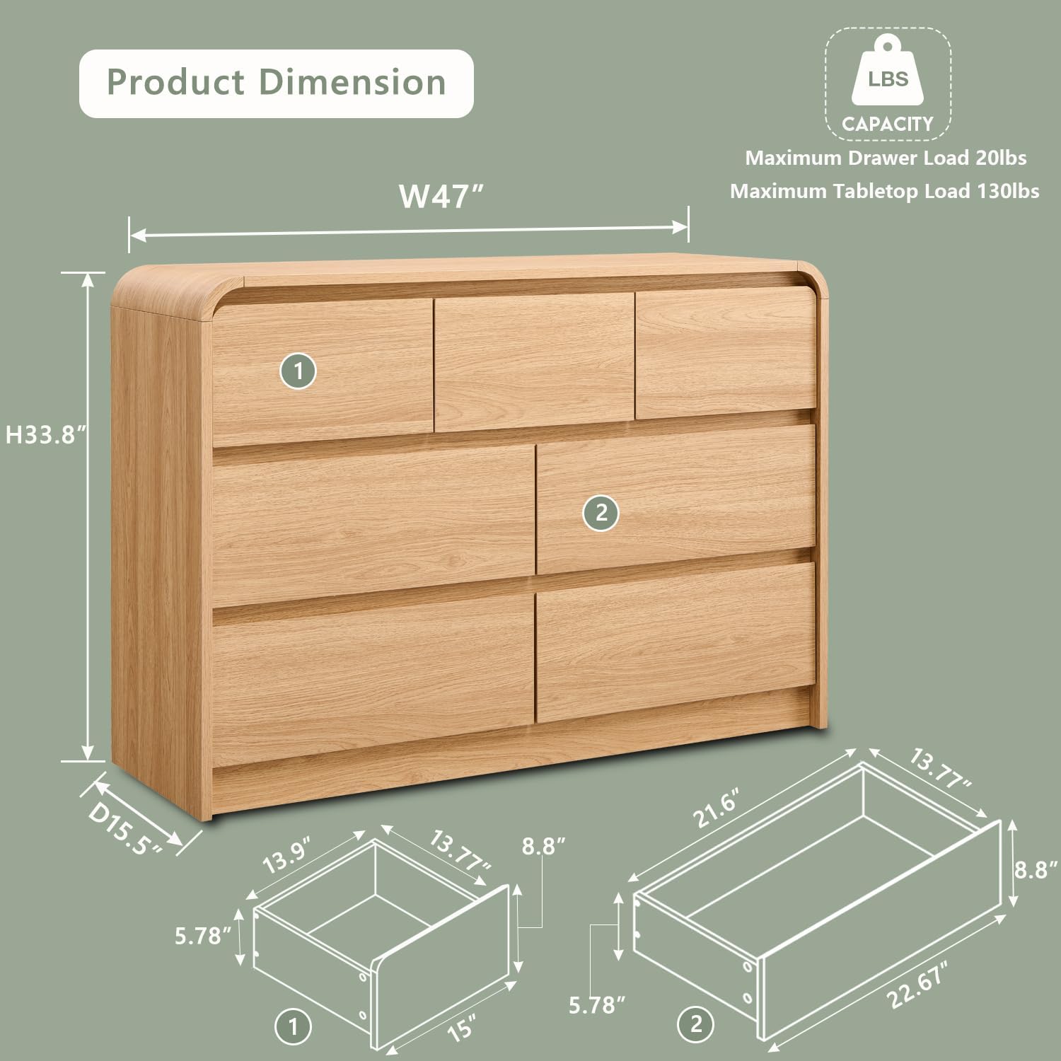 Aitjunz Modern 7 Drawers Dresser for Bedroom, 47' Wide Wood Dressers & Chests of Drawers w/Curved Profile Design, Mid Century Modern Dresser w/Natural Texture for Bedroom, Living Room, Natural Oak