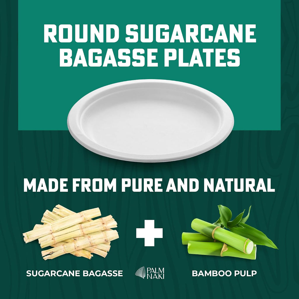Bulk Case: 7' Heavy Duty Paper Plates | Compostable & Biodegradable | Made from Sugarcane Bagasse | Leak-Resistant & Sturdy | Microwave Safe | PFAS-Free | 7 Inch | 12 x 80-Pack (960 Pcs) | Palm Naki
