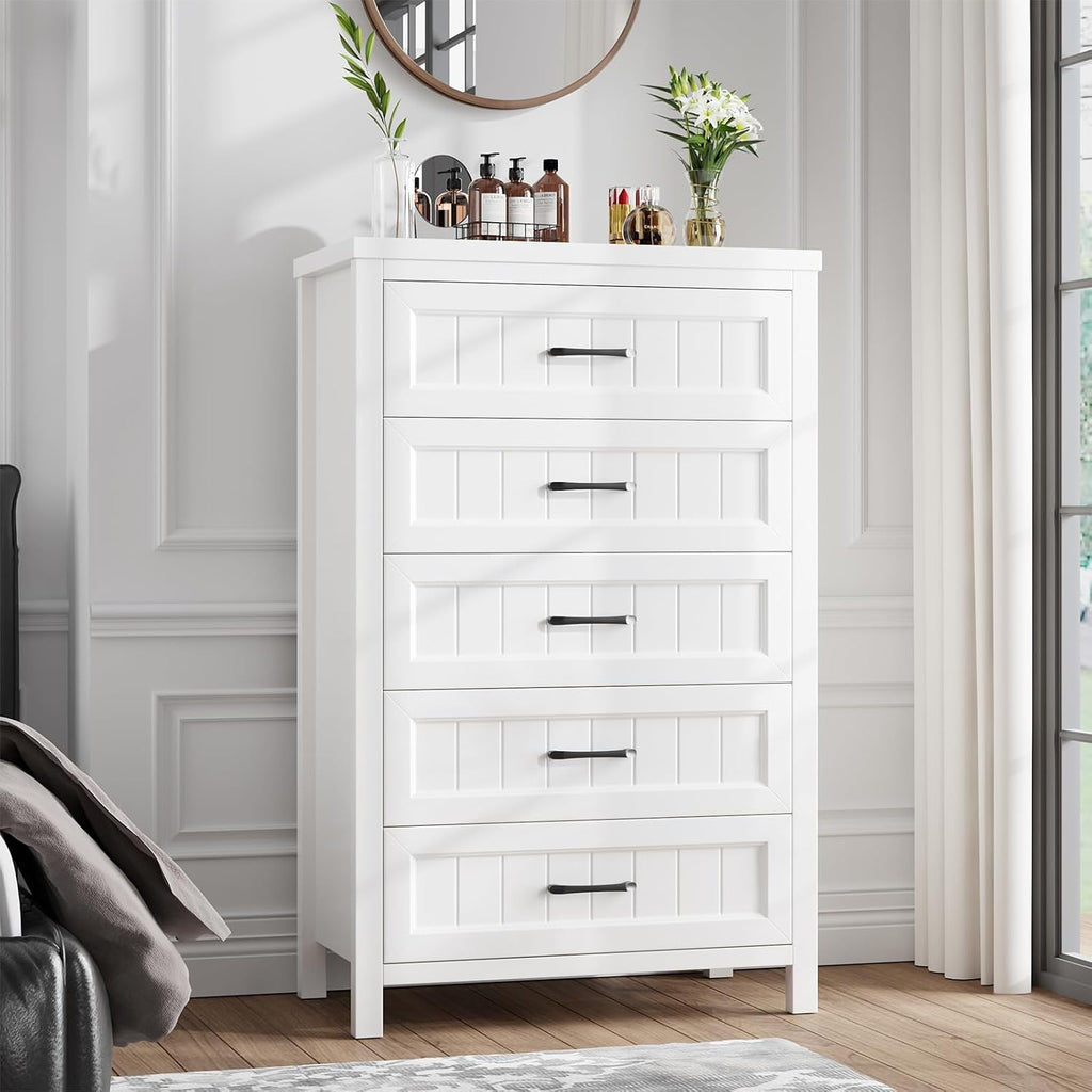 Jocoevol 5 Drawer Dresser for Bedroom - Farmhouse 44.9' Tall Chest of Dresser with Large Storage, Rubst Wood Construction for Living Room, Hallway & Entryway - White