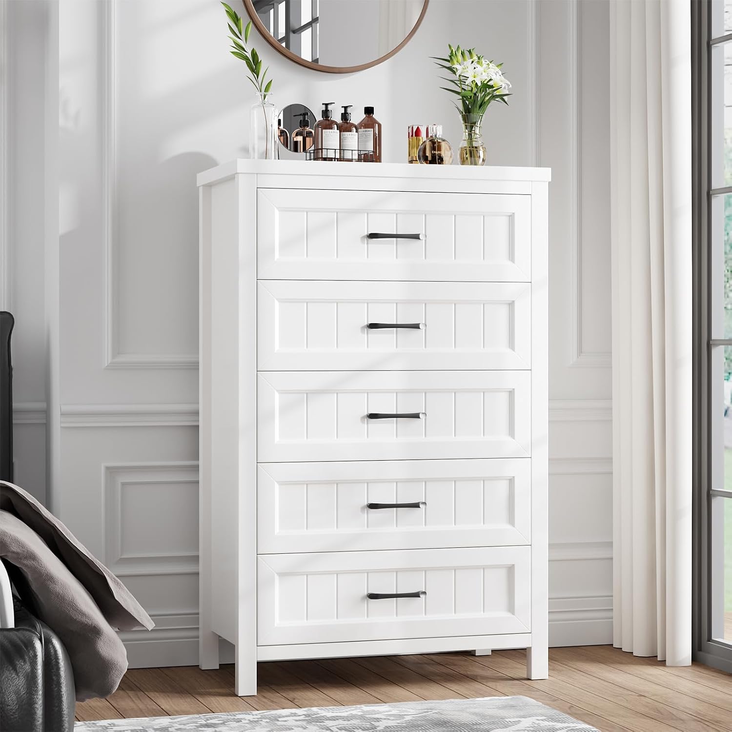 Jocoevol 5 Drawer Dresser for Bedroom - Farmhouse 44.9' Tall Chest of Dresser with Large Storage, Rubst Wood Construction for Living Room, Hallway & Entryway - White